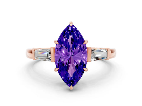 Rose gold Marquise Cut Cut Diamond Ring with Tapered Baguette Side Stones in Four-Prong Setting