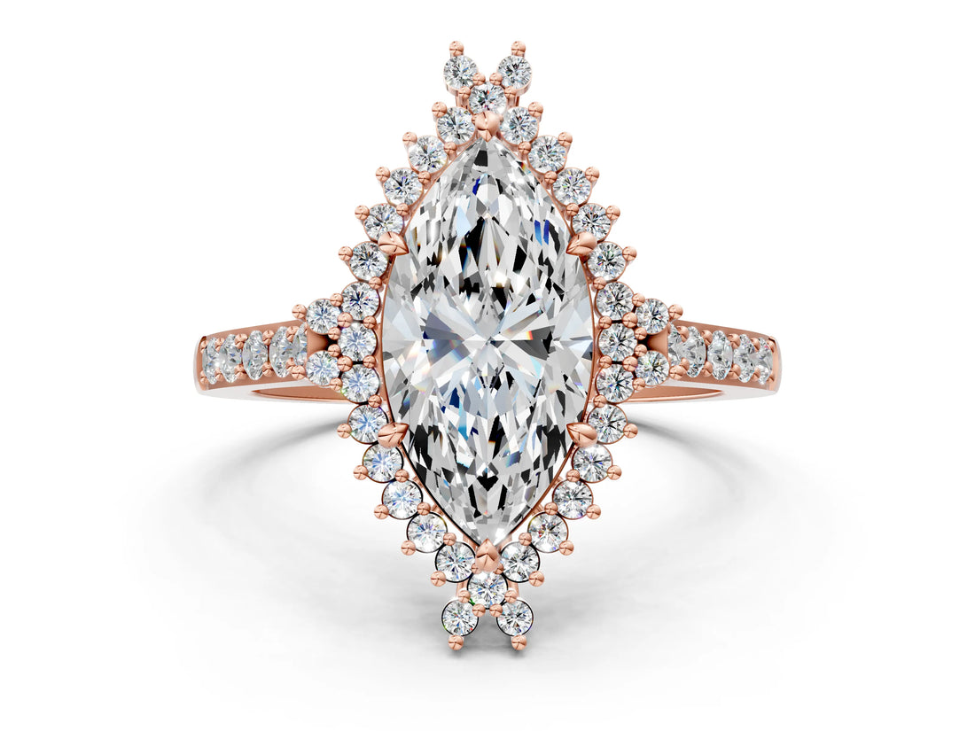 Rose gold Marquise Cut Cut Diamond Sunburst Halo Engagement Ring with Pavé Band_15