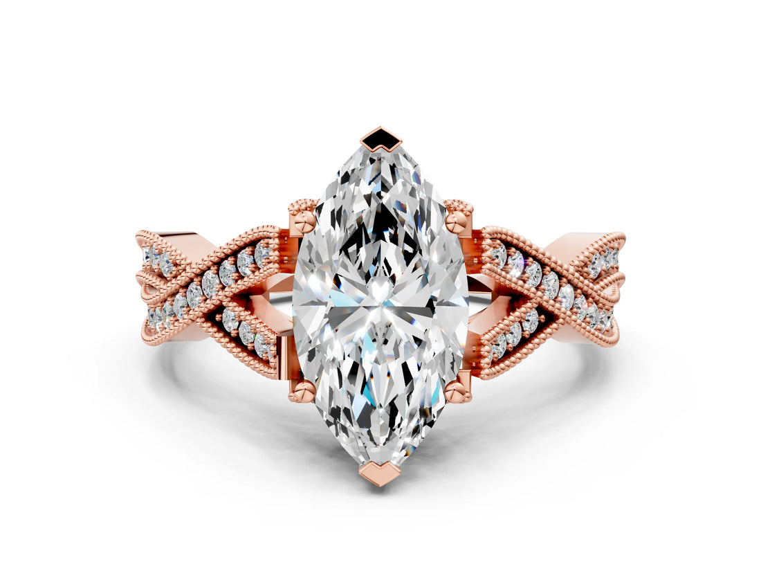 Rose gold Marquise Cut Cut Diamond Twisted Band with Milgrain Pave Setting and Four-Prong Setting_2