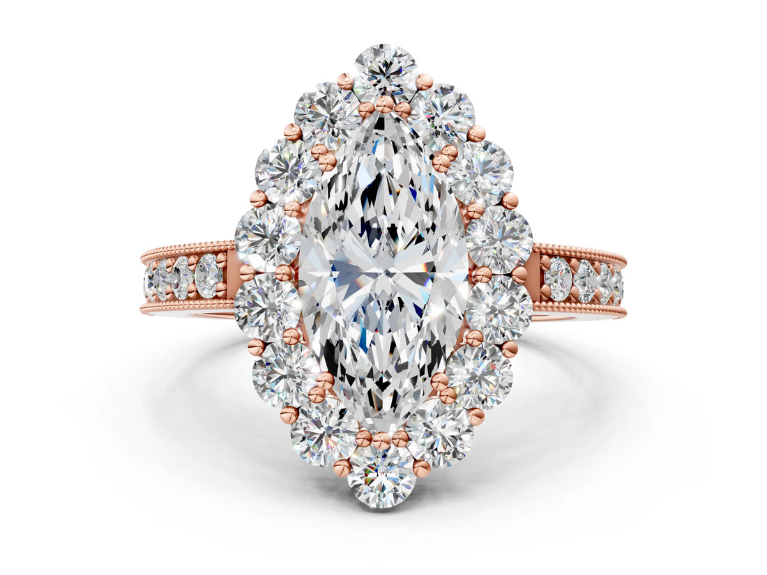 Rose gold Marquise Cut Cut Halo Diamond Pavé Engagement Ring with Milgrain Detailing_23