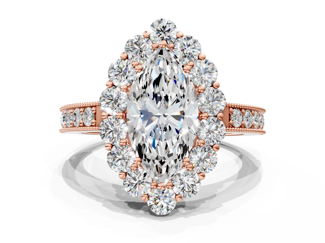 Rose gold Marquise Cut Cut Halo Diamond Pavé Engagement Ring with Milgrain Detailing_9