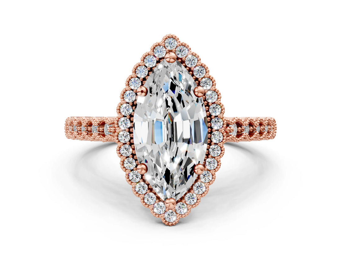 Rose gold Marquise Cut Cut Halo Pavé Solitaire Ring with Milgrain Band_3