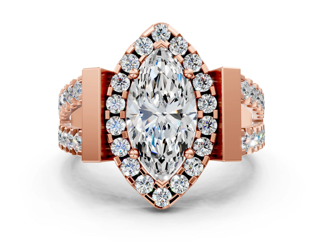 Rose gold Marquise Cut Cut Halo Split Shank Prong Set Ring_3