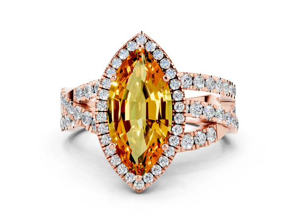 Rose gold Marquise Cut Citrine Halo Ring with Round Split Shank and Prong Setting