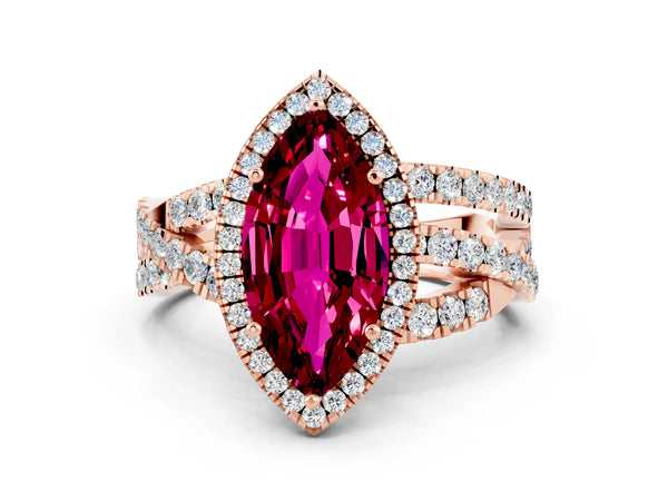 Rose gold Marquise Cut Garnet Halo Ring with Round Split Shank and Prong Setting