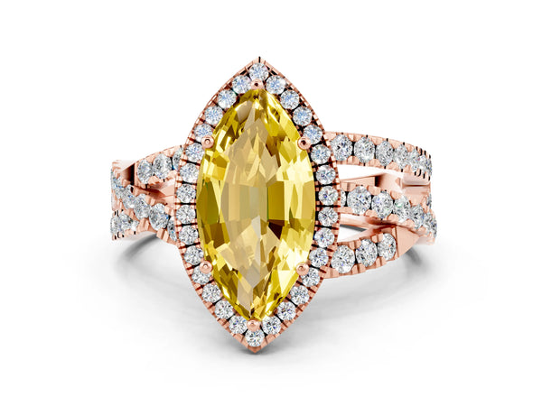 Rose gold Marquise Cut Yellow Sapphire Halo Ring with Round Split Shank and Prong Setting