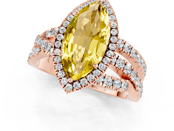 Rose gold Marquise Cut Yellow Sapphire Halo Ring with Round Split Shank and Prong Setting