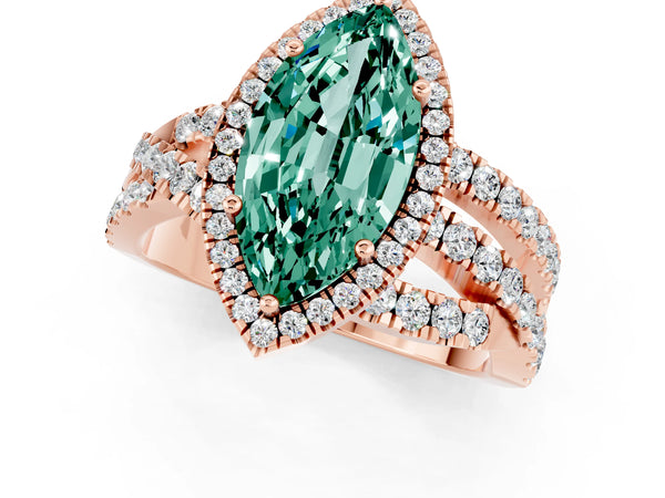 Rose gold Marquise Cut Green Sapphire Halo Ring with Round Split Shank and Prong Setting