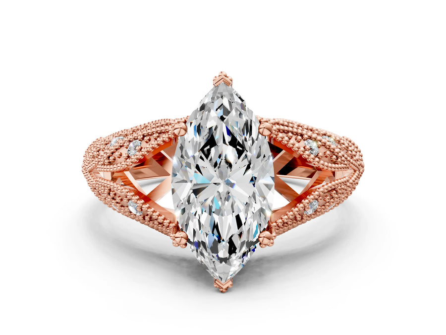 Rose gold Marquise Cut Cut Milgrain Pave Diamond Engagement Ring with Four-Prong Setting