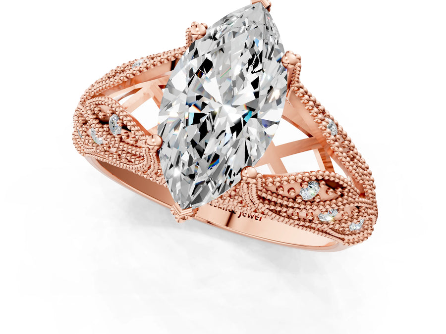 Rose gold Marquise Cut Cut Milgrain Pave Diamond Engagement Ring with Four-Prong Setting