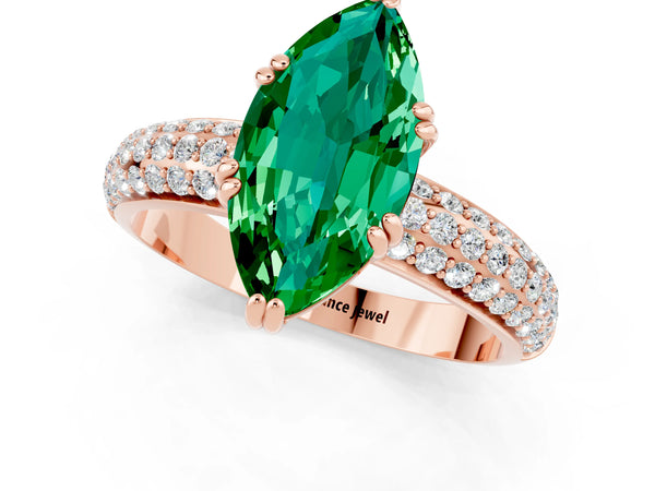 Rose gold Marquise Cut Emerald Solitaire Ring with Multi-Row Round Pavé Band and Prong Setting