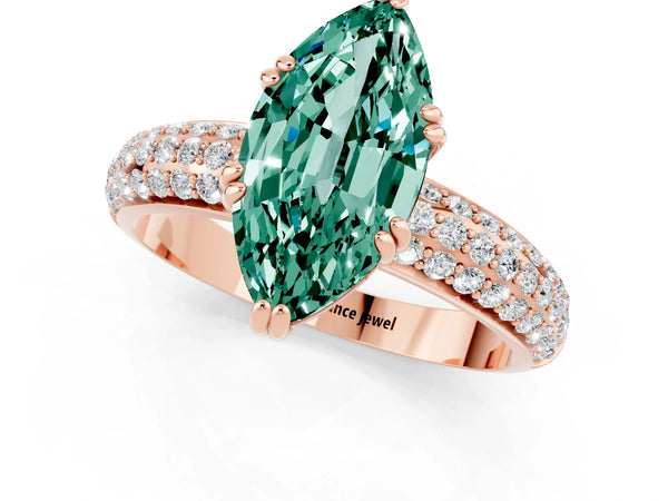 Rose gold Marquise Cut Green Sapphire Solitaire Ring with Multi-Row Round Pavé Band and Prong Setting