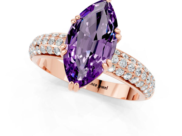 Rose gold Marquise Cut Amethyst Solitaire Ring with Multi-Row Round Pavé Band and Prong Setting