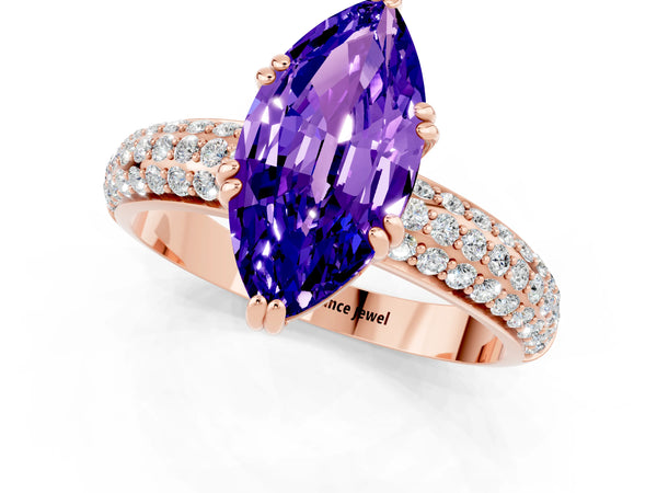Rose gold Marquise Cut Tanzanite Solitaire Ring with Multi-Row Round Pavé Band and Prong Setting