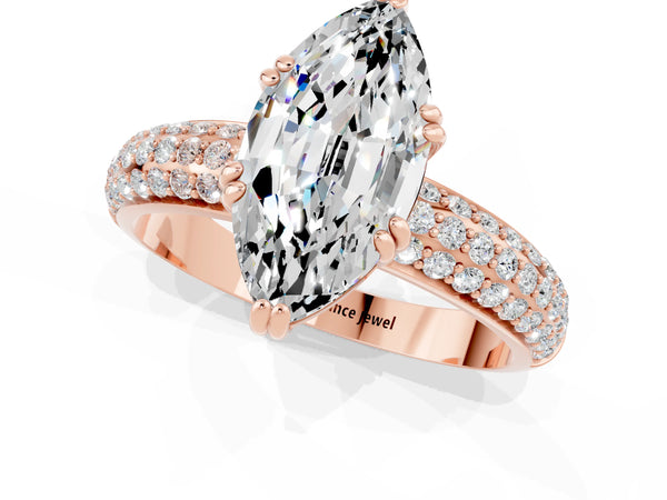 Rose gold Marquise Cut Moissanite Solitaire Ring with Multi-Row Round Pavé Band and Prong Setting