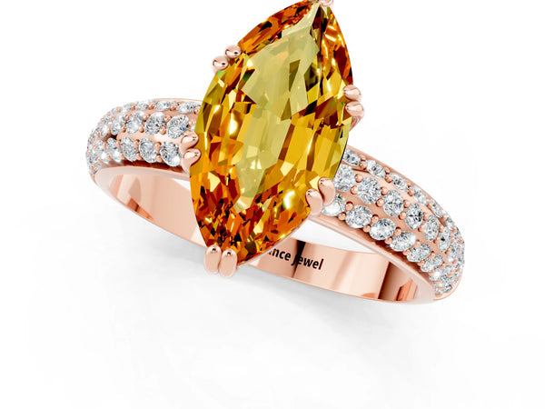 Rose gold Marquise Cut Citrine Solitaire Ring with Multi-Row Round Pavé Band and Prong Setting