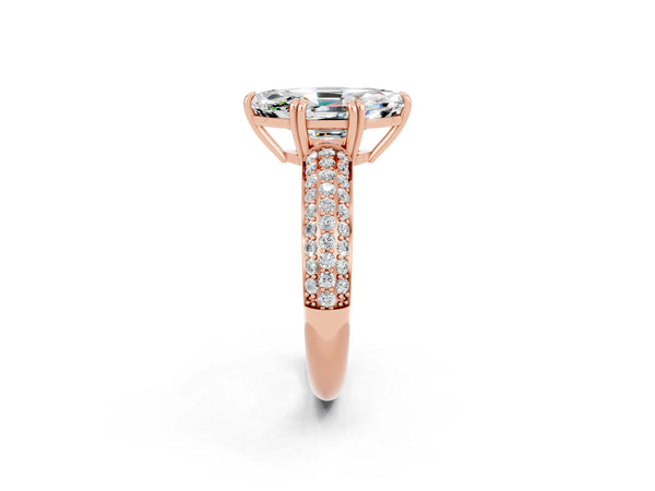 Rose gold Marquise Cut Moissanite Solitaire Ring with Multi-Row Round Pavé Band and Prong Setting