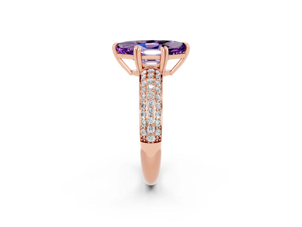 Rose gold Marquise Cut Amethyst Solitaire Ring with Multi-Row Round Pavé Band and Prong Setting