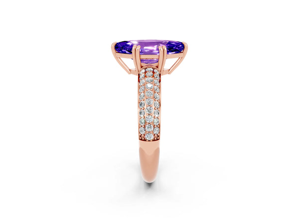 Rose gold Marquise Cut Tanzanite Solitaire Ring with Multi-Row Round Pavé Band and Prong Setting