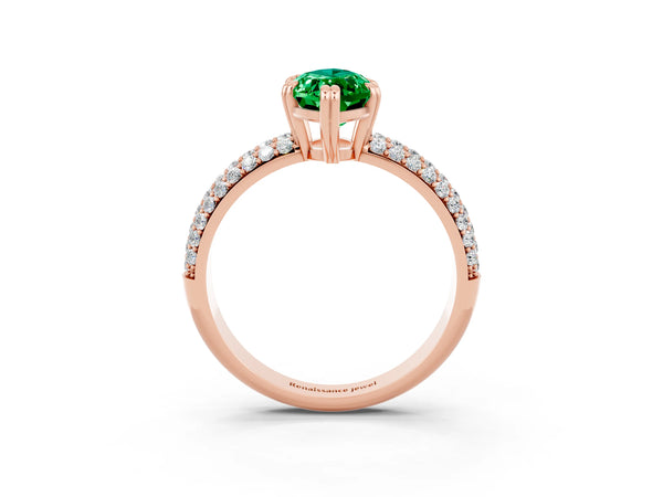 Rose gold Marquise Cut Emerald Solitaire Ring with Multi-Row Round Pavé Band and Prong Setting