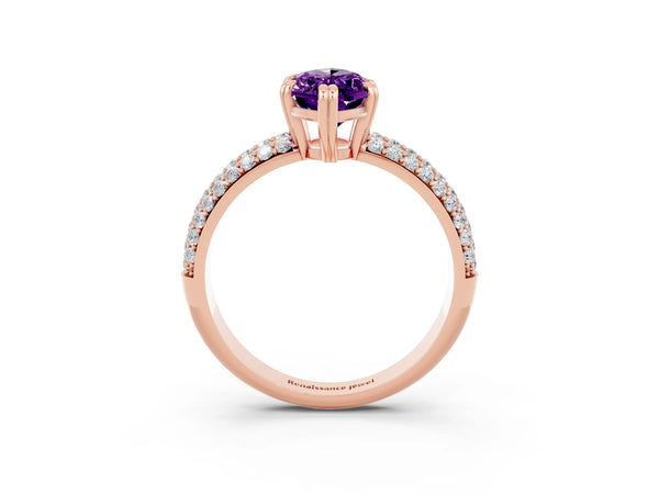 Rose gold Marquise Cut Amethyst Solitaire Ring with Multi-Row Round Pavé Band and Prong Setting