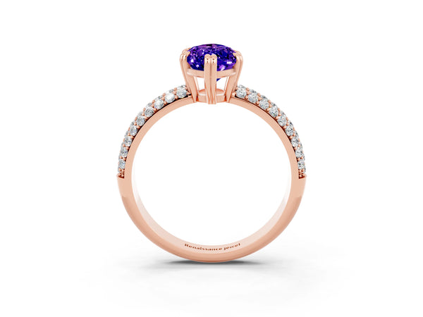 Rose gold Marquise Cut Tanzanite Solitaire Ring with Multi-Row Round Pavé Band and Prong Setting