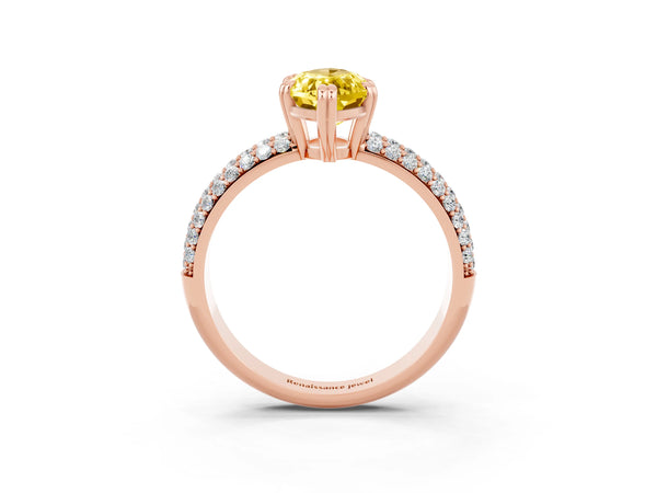 Rose gold Marquise Cut Yellow Sapphire Solitaire Ring with Multi-Row Round Pavé Band and Prong Setting