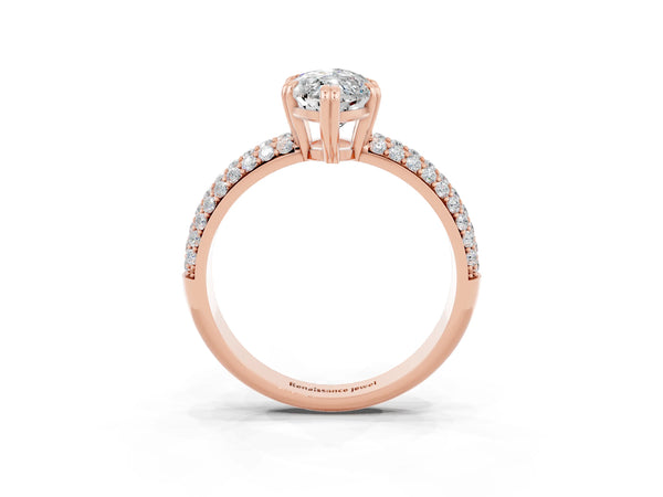 Rose gold Marquise Cut Moissanite Solitaire Ring with Multi-Row Round Pavé Band and Prong Setting