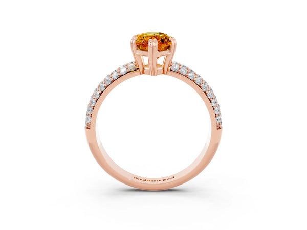 Rose gold Marquise Cut Citrine Solitaire Ring with Multi-Row Round Pavé Band and Prong Setting