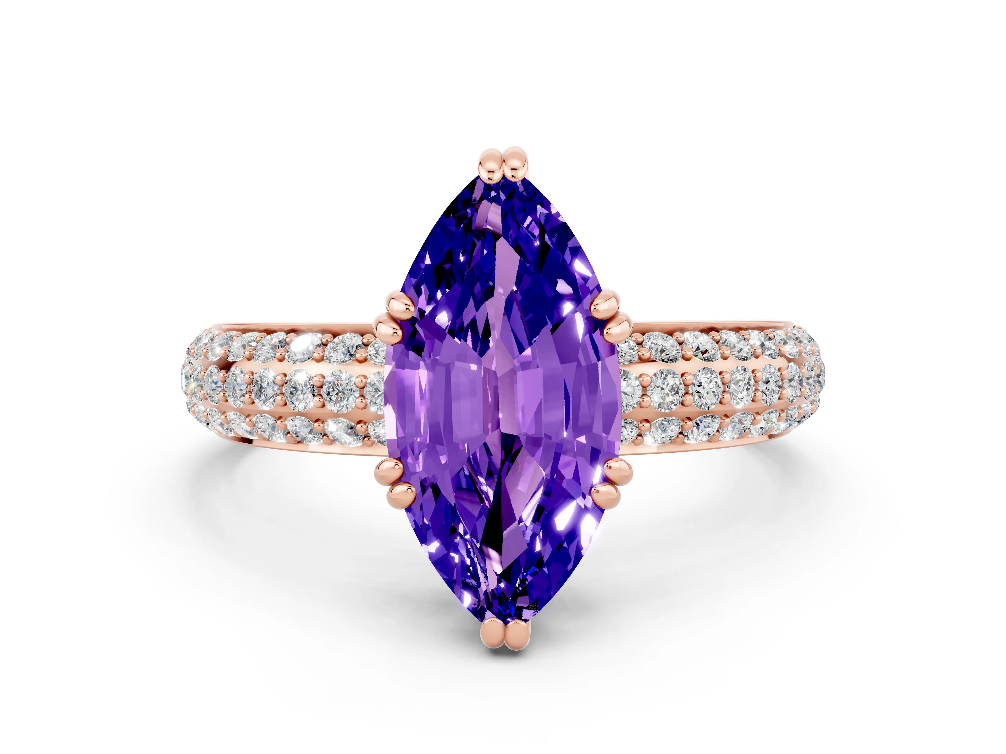 Rose gold Marquise Cut Cut Pave Diamond Engagement Ring with Channel Set Band and Four-Prong Setting