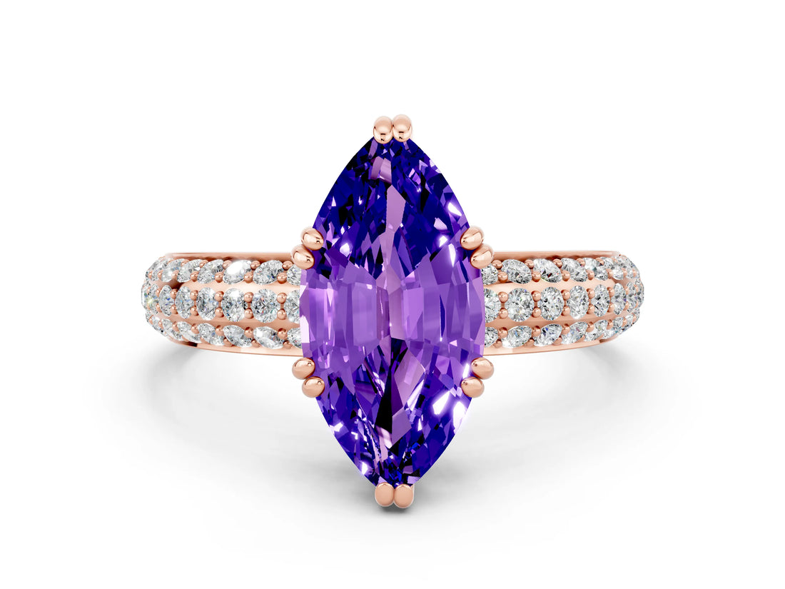 Rose gold Marquise Cut Cut Pave Diamond Engagement Ring with Channel Set Band and Four-Prong Setting