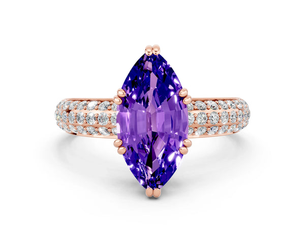 Rose gold Marquise Cut Tanzanite Solitaire Ring with Multi-Row Round Pavé Band and Prong Setting