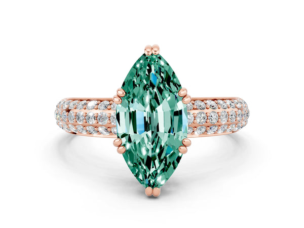 Rose gold Marquise Cut Green Sapphire Solitaire Ring with Multi-Row Round Pavé Band and Prong Setting