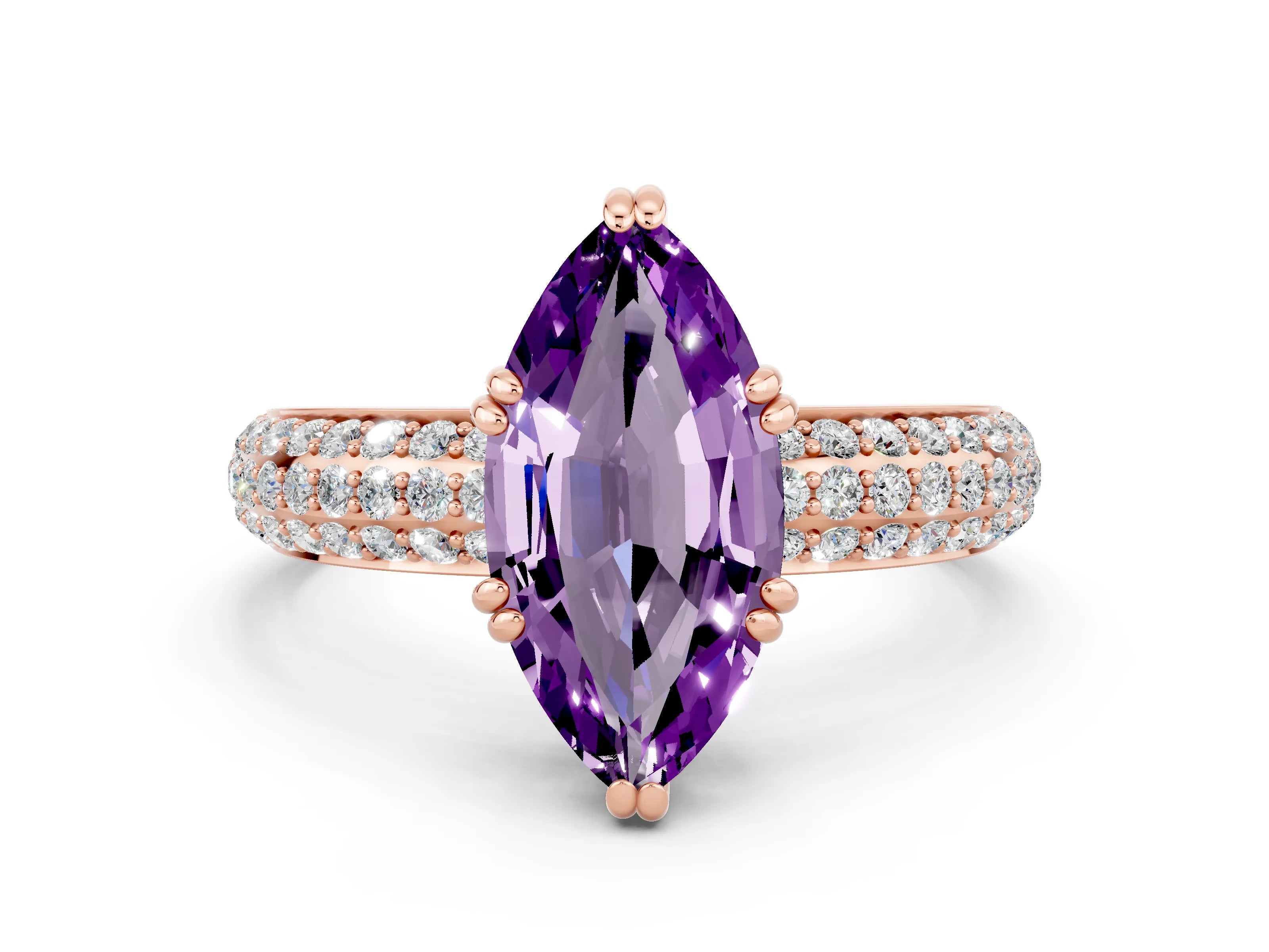 Rose gold Marquise Cut Cut Pave Diamond Engagement Ring with Channel Set Band and Four-Prong Setting