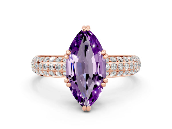 Rose gold Marquise Cut Amethyst Solitaire Ring with Multi-Row Round Pavé Band and Prong Setting