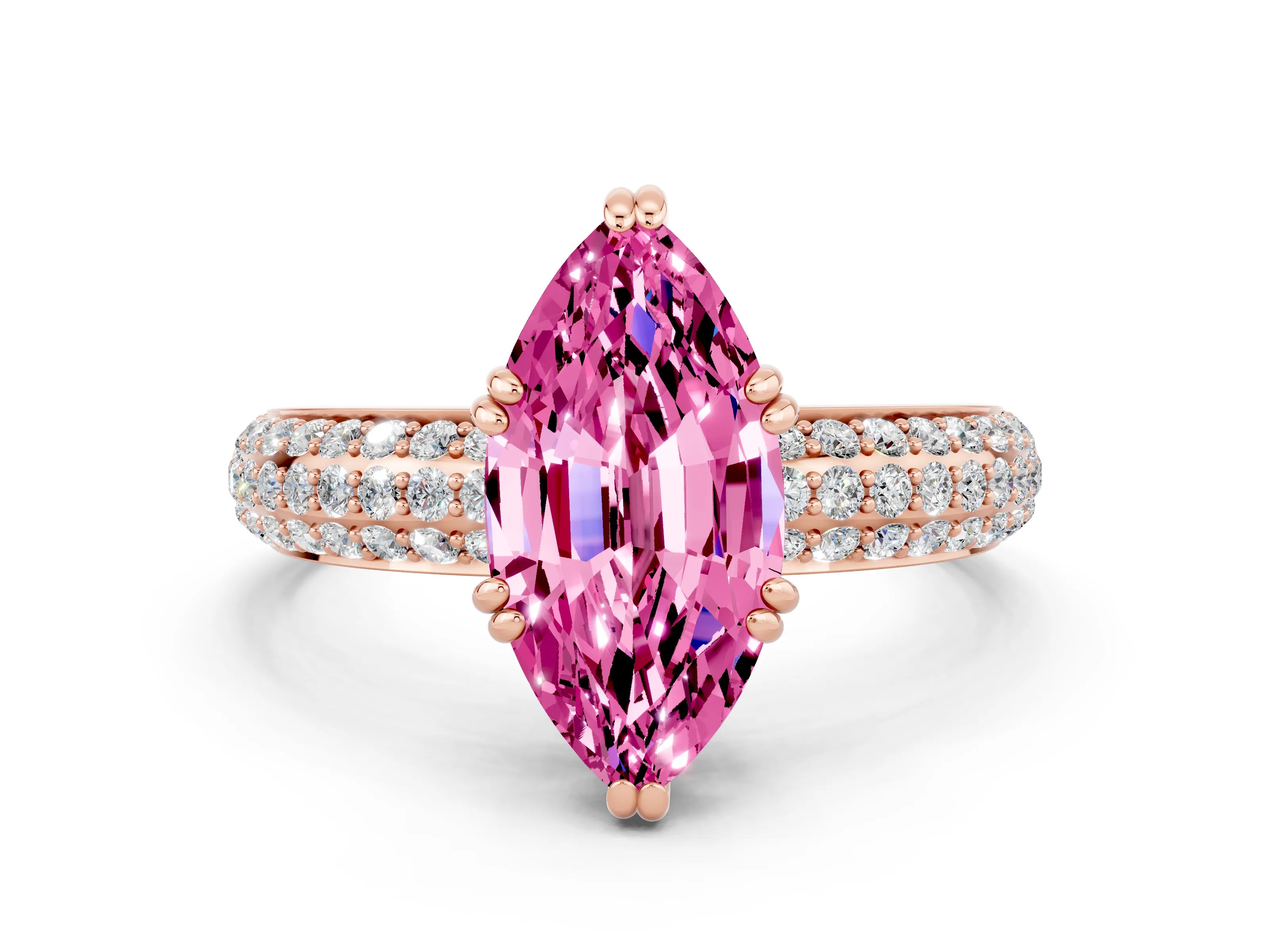 Rose gold Marquise Cut Cut Pave Diamond Engagement Ring with Channel Set Band and Four-Prong Setting