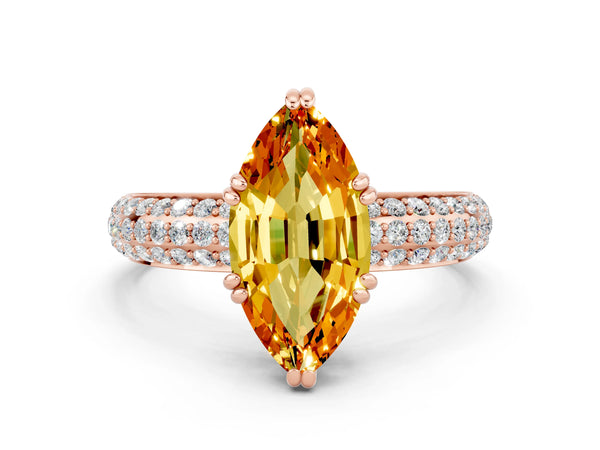Rose gold Marquise Cut Citrine Solitaire Ring with Multi-Row Round Pavé Band and Prong Setting
