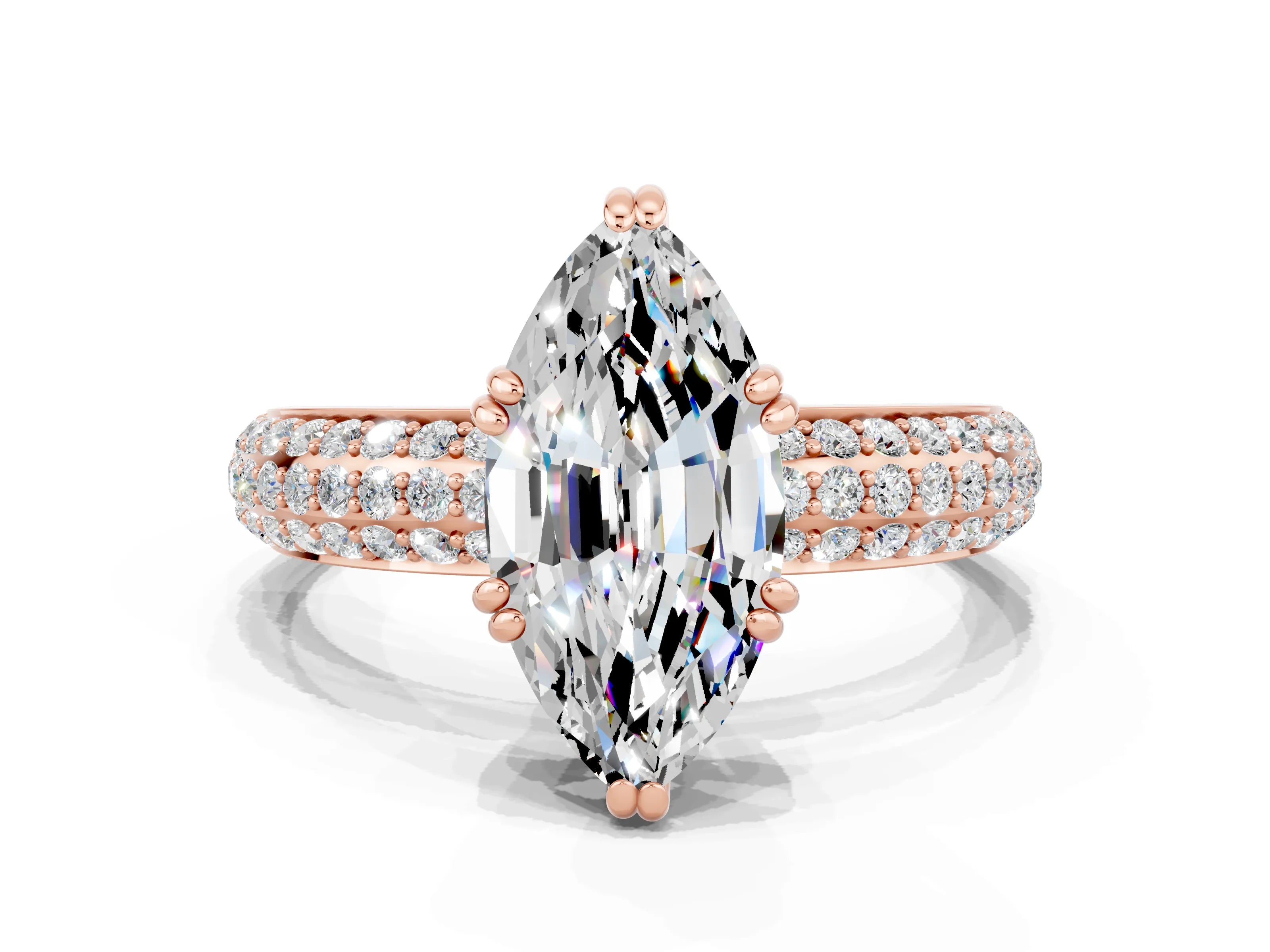 Rose gold Marquise Cut Cut Pave Diamond Engagement Ring with Channel Set Band and Four-Prong Setting