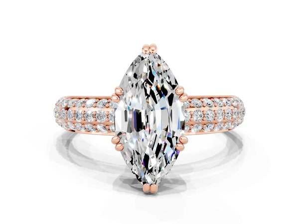 Rose gold Marquise Cut Moissanite Solitaire Ring with Multi-Row Round Pavé Band and Prong Setting