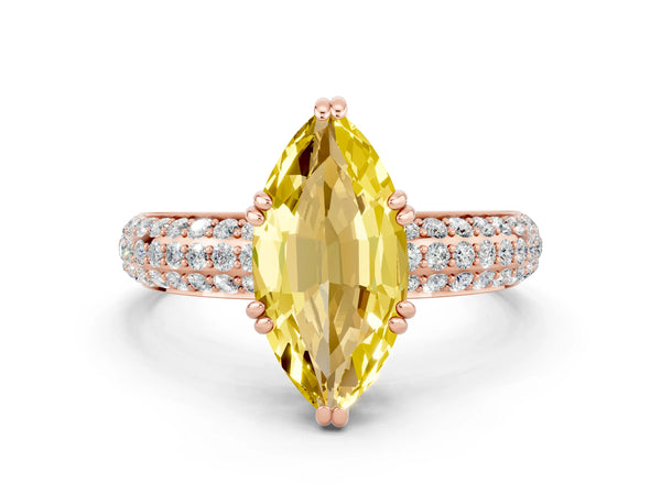 Rose gold Marquise Cut Yellow Sapphire Solitaire Ring with Multi-Row Round Pavé Band and Prong Setting