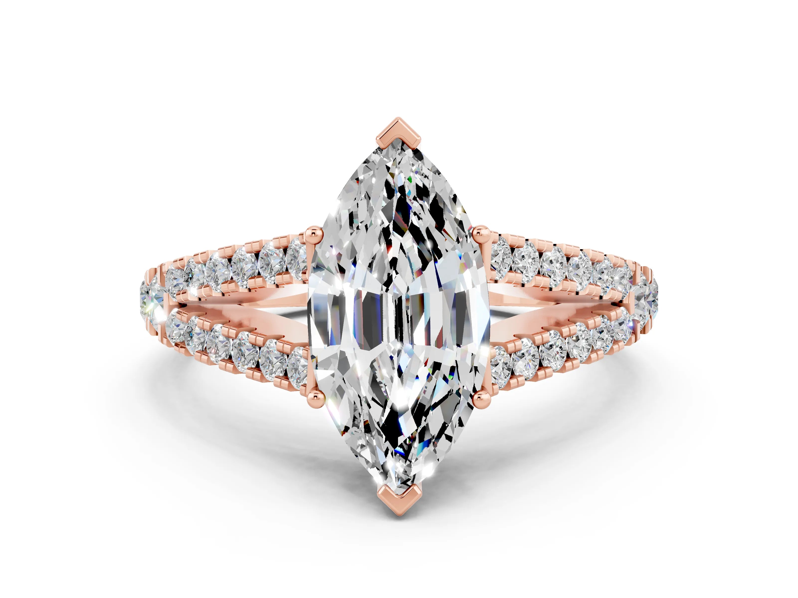 Rose gold Marquise Cut Cut Split Shank Pave Diamond Engagement Ring with Four-Prong Setting