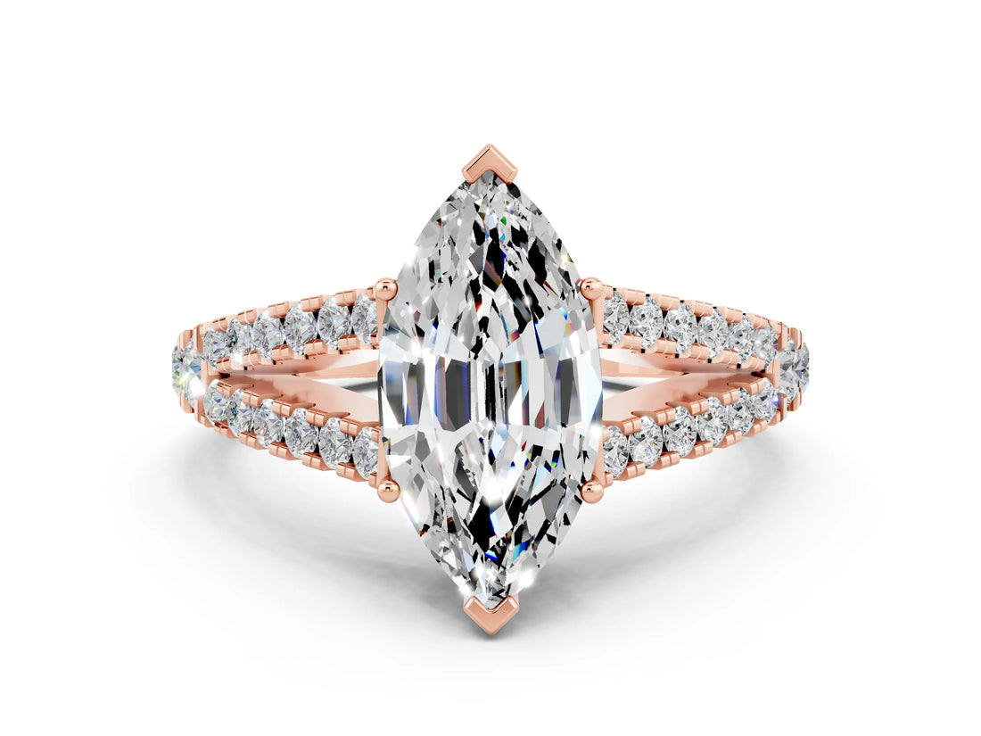Rose gold Marquise Cut Cut Split Shank Pave Diamond Engagement Ring with Four-Prong Setting