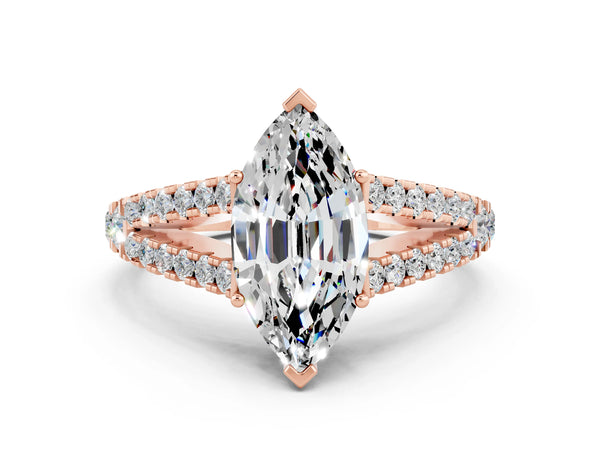 Rose gold Marquise Cut Moissanite Split Shank Engagement Ring with Round Pavé and Prong Setting