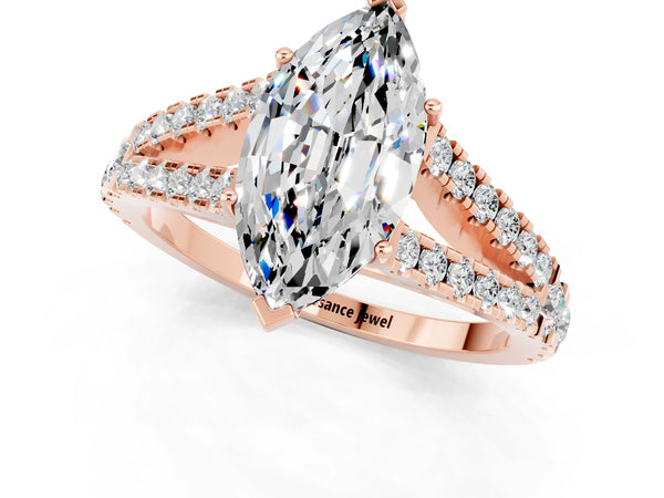 Rose gold Marquise Cut Moissanite Split Shank Engagement Ring with Round Pavé and Prong Setting
