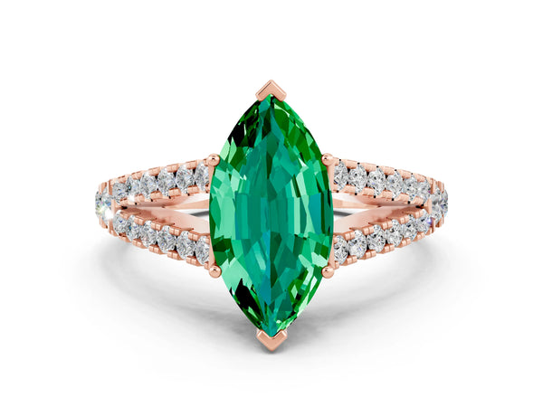 Rose gold Marquise Cut Emerald Split Shank Engagement Ring with Round Pavé and Prong Setting