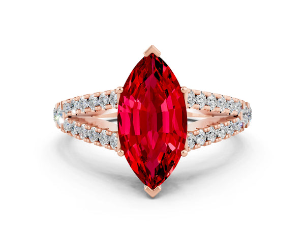 Rose gold Marquise Cut Ruby Split Shank Engagement Ring with Round Pavé and Prong Setting