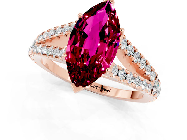 Rose gold Marquise Cut Garnet Split Shank Engagement Ring with Round Pavé and Prong Setting