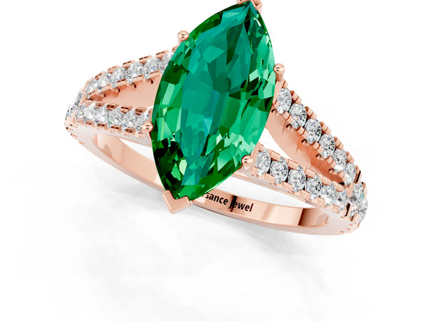 Rose gold Marquise Cut Emerald Split Shank Engagement Ring with Round Pavé and Prong Setting