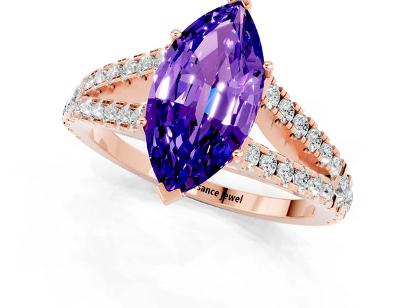 Rose gold Marquise Cut Tanzanite Split Shank Engagement Ring with Round Pavé and Prong Setting