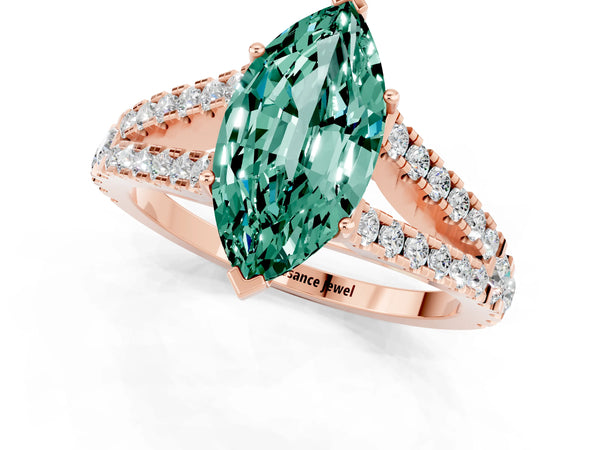 Rose gold Marquise Cut Green Sapphire Split Shank Engagement Ring with Round Pavé and Prong Setting